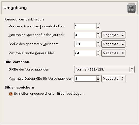 Die Einstellungsansicht für die GIMP-Umgebung